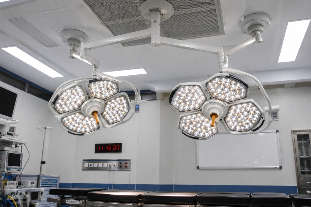 Ceiling mounted double dome OT light installation