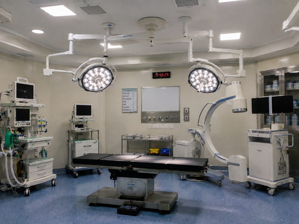 Fully equipped operating room with dual LED surgical lights