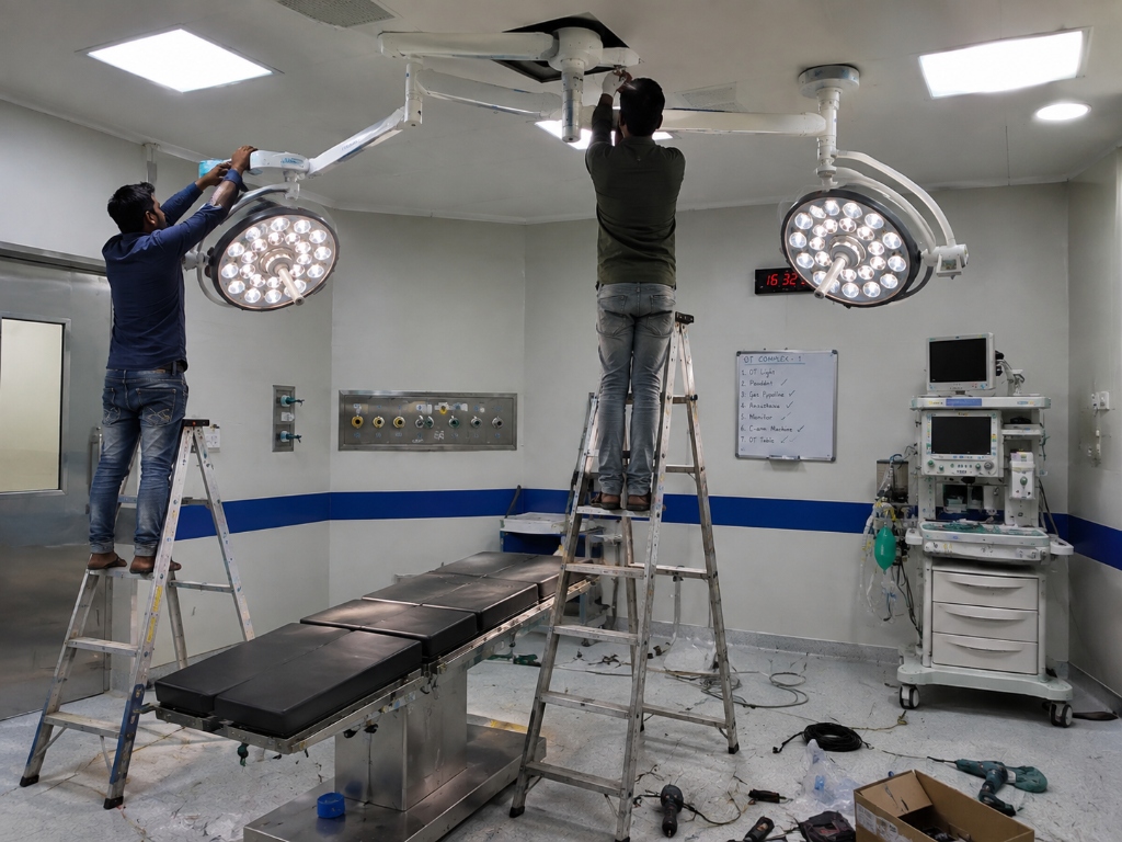Biomedical technicians installing ceiling mounted OT light