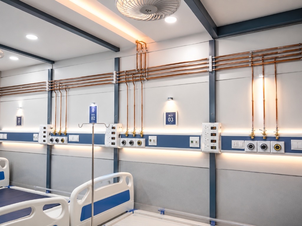 Extruded Aluminum Hospital Bed Head Console installed in ICU ward
