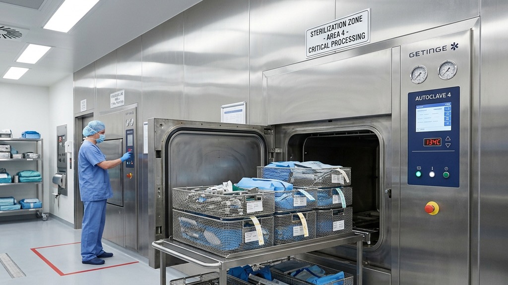 Bio Meditech Hospital CSSD Horizontal Steam Autoclave and Transfer Carriage Setup