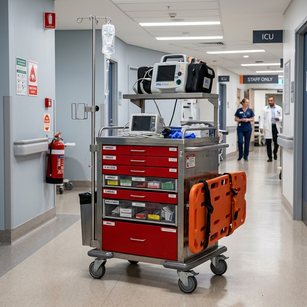 Emergency Resuscitation Crash Cart Trolley with Defibrillator Shelf and Cardiac Board
