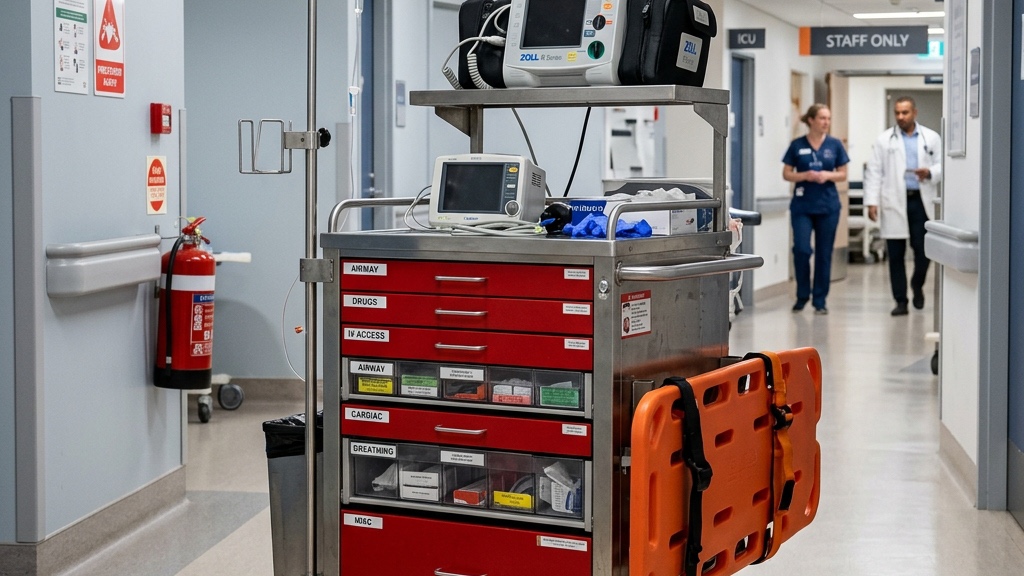 Bio Meditech Emergency Resuscitation Crash Cart Trolley in Hospital Corridor